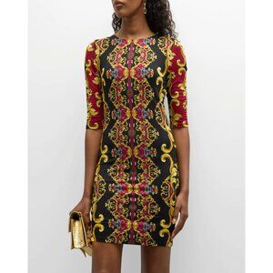 Alice + Olivia Delora Print Mini Dress Fitted Bodycon Damask Red Gold Black 8
